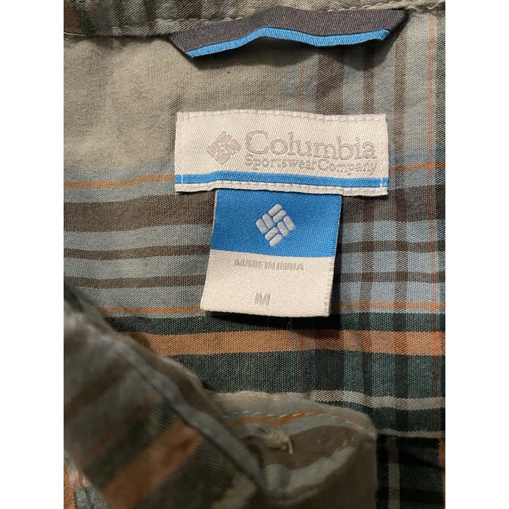 Columbia Short Sleeve Button Down Shirt Green Orange Blue Plaid Logo Medium JBHS - Picture 9 of 9